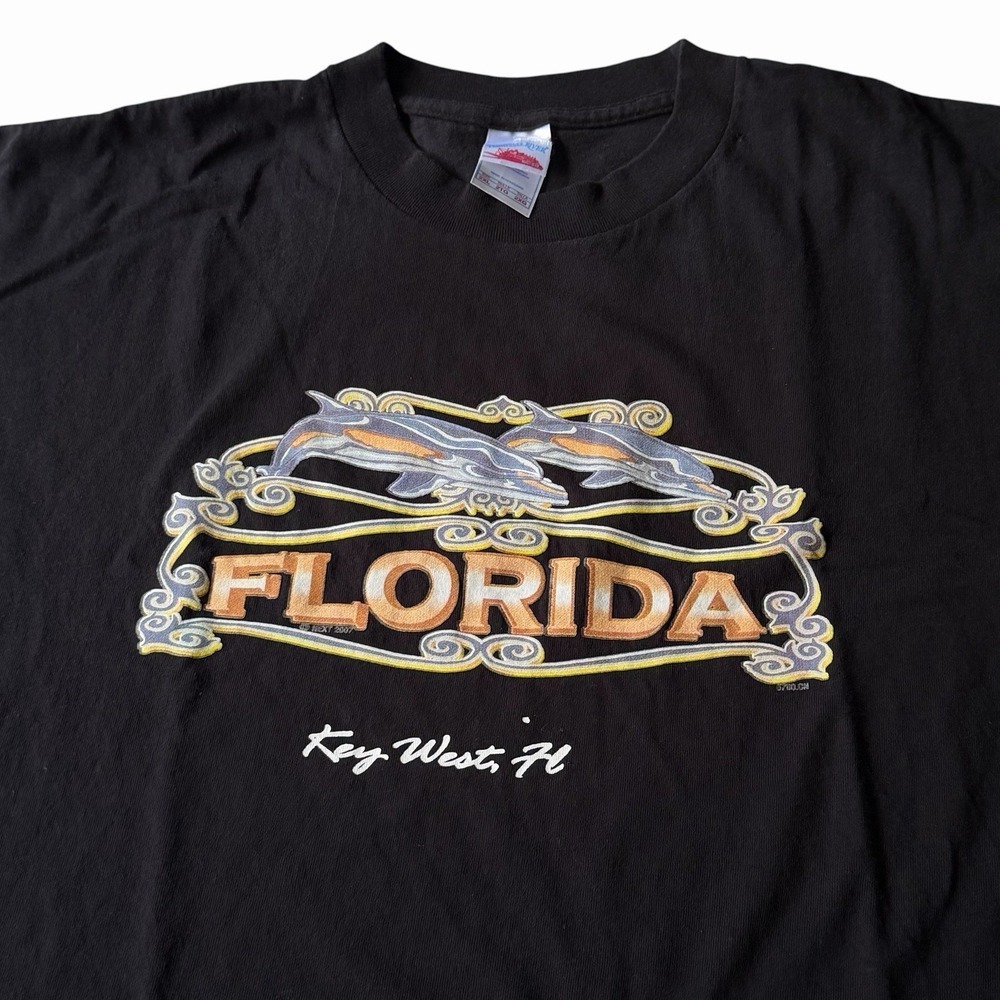 Vtg 90s Florida T-Shirt Key West Dolphin Graphic Souvenir Black Cotton Men's 2XL
